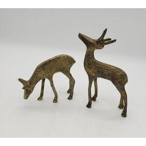 Vintage Solid Brass Deer Figurines Set Of 2 Grazing 4.5" Standing 6.5" Christmas